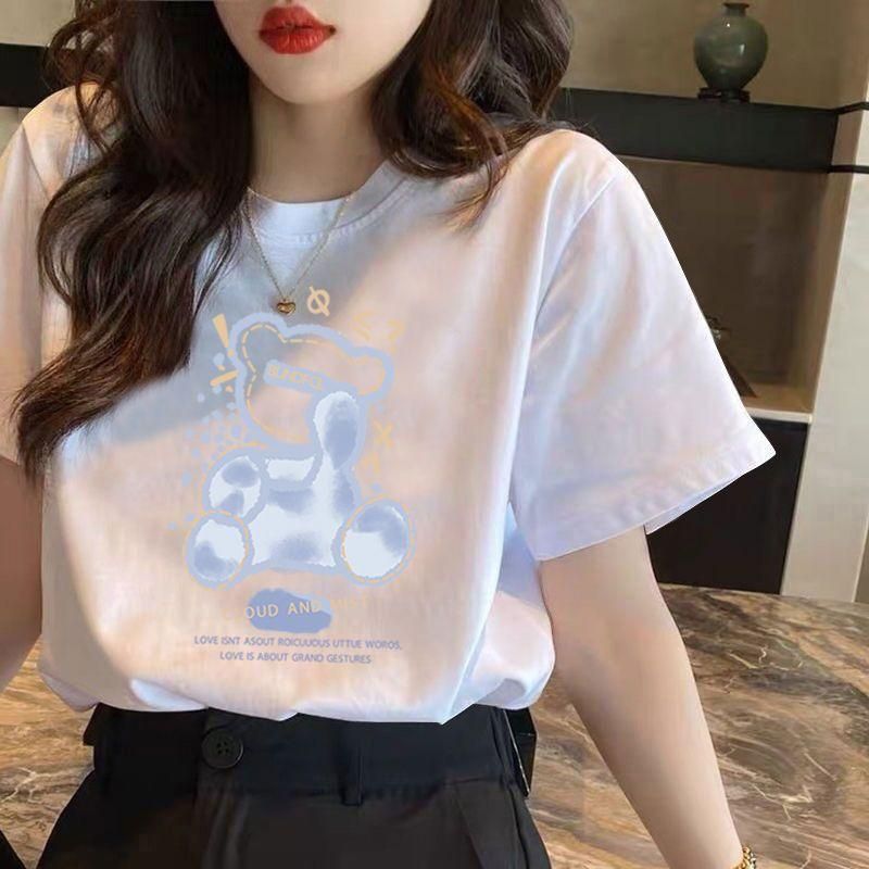 138 Korean Style Short-Sleeved T-shirt Women's, Blue Bottoming Top round Neck Loose Casual New Bear Printed Summer T-shirt