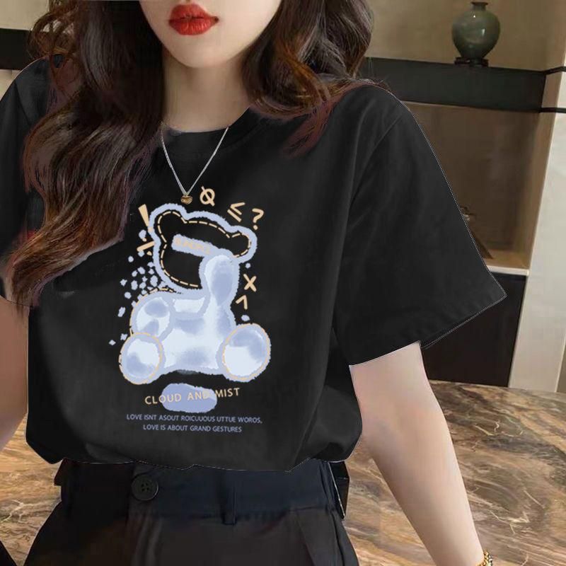 138 Korean Style Short-Sleeved T-shirt Women's, Blue Bottoming Top round Neck Loose Casual New Bear Printed Summer T-shirt