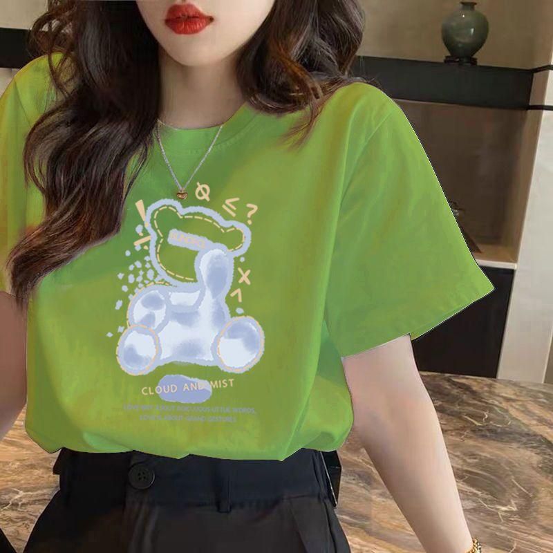138 Korean Style Short-Sleeved T-shirt Women's, Blue Bottoming Top round Neck Loose Casual New Bear Printed Summer T-shirt