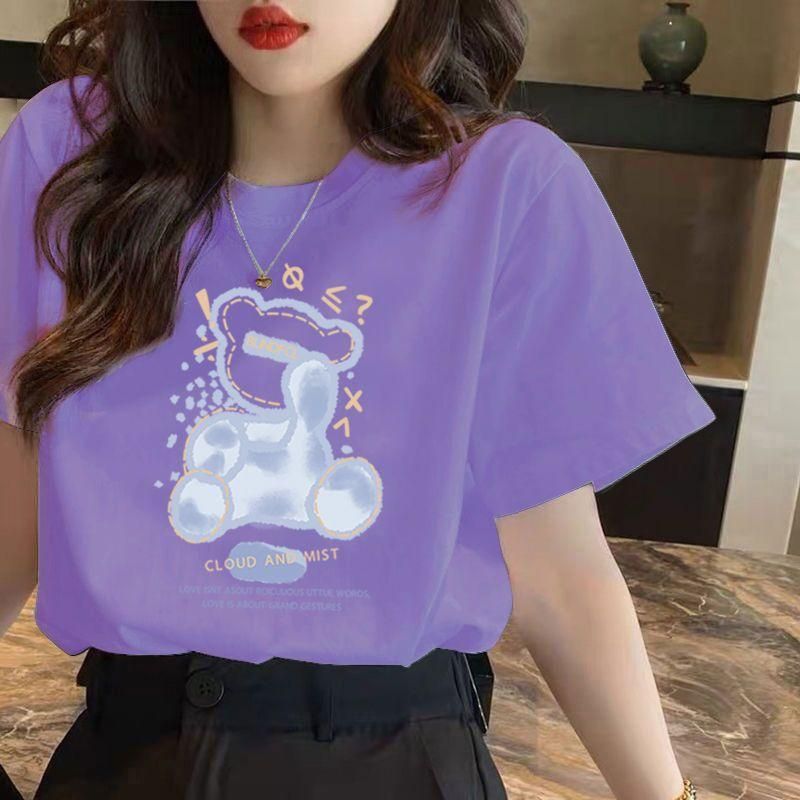 138 Korean Style Short-Sleeved T-shirt Women's, Blue Bottoming Top round Neck Loose Casual New Bear Printed Summer T-shirt