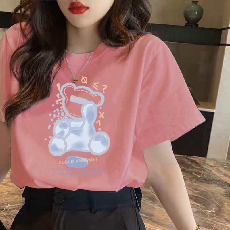 138 Korean Style Short-Sleeved T-shirt Women's, Blue Bottoming Top round Neck Loose Casual New Bear Printed Summer T-shirt