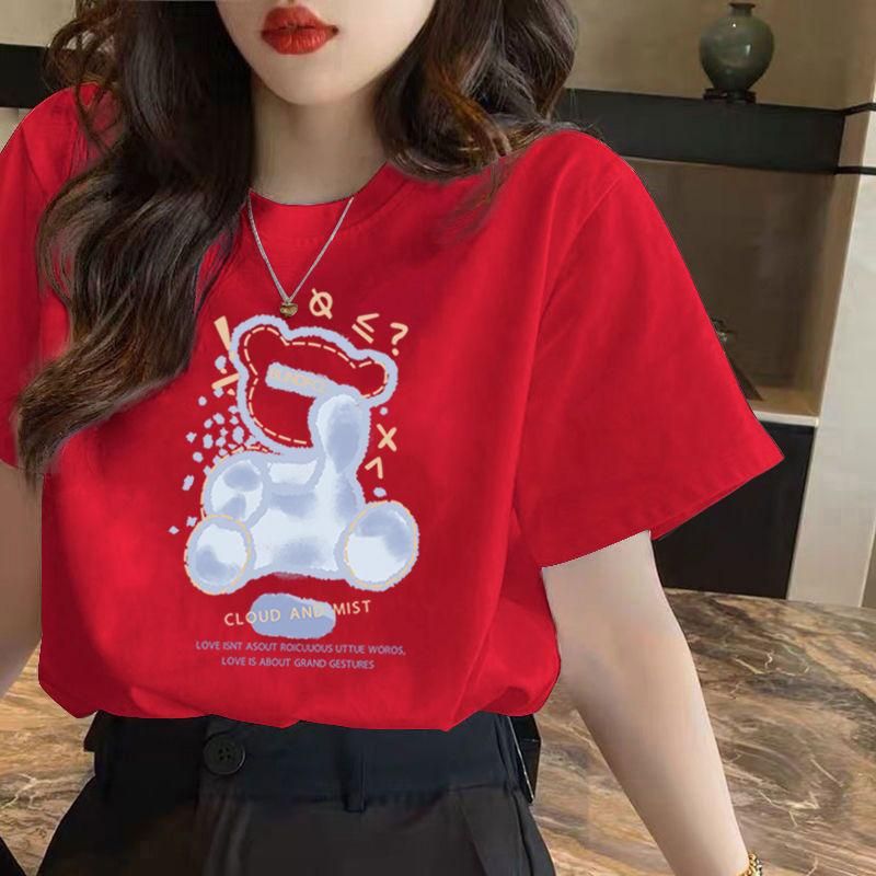 138 Korean Style Short-Sleeved T-shirt Women's, Blue Bottoming Top round Neck Loose Casual New Bear Printed Summer T-shirt