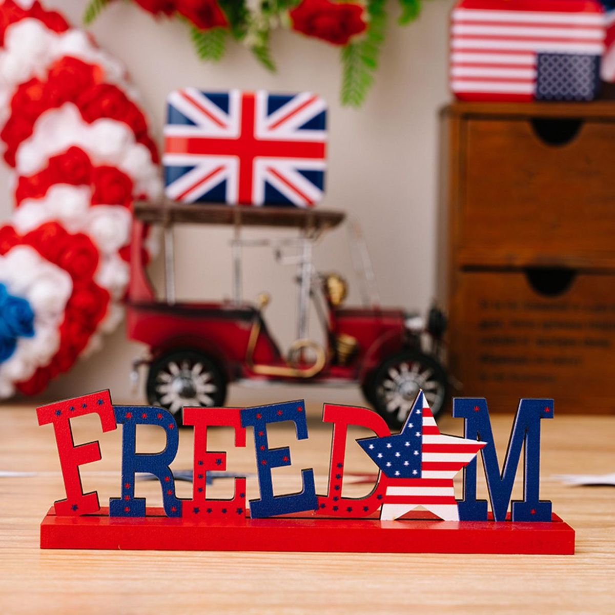 Wooden Ornament Independence Day Patriotic Table Wooden Sign Blue and Red