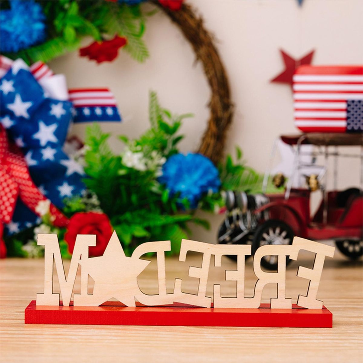 Wooden Ornament Independence Day Patriotic Table Wooden Sign Blue and Red