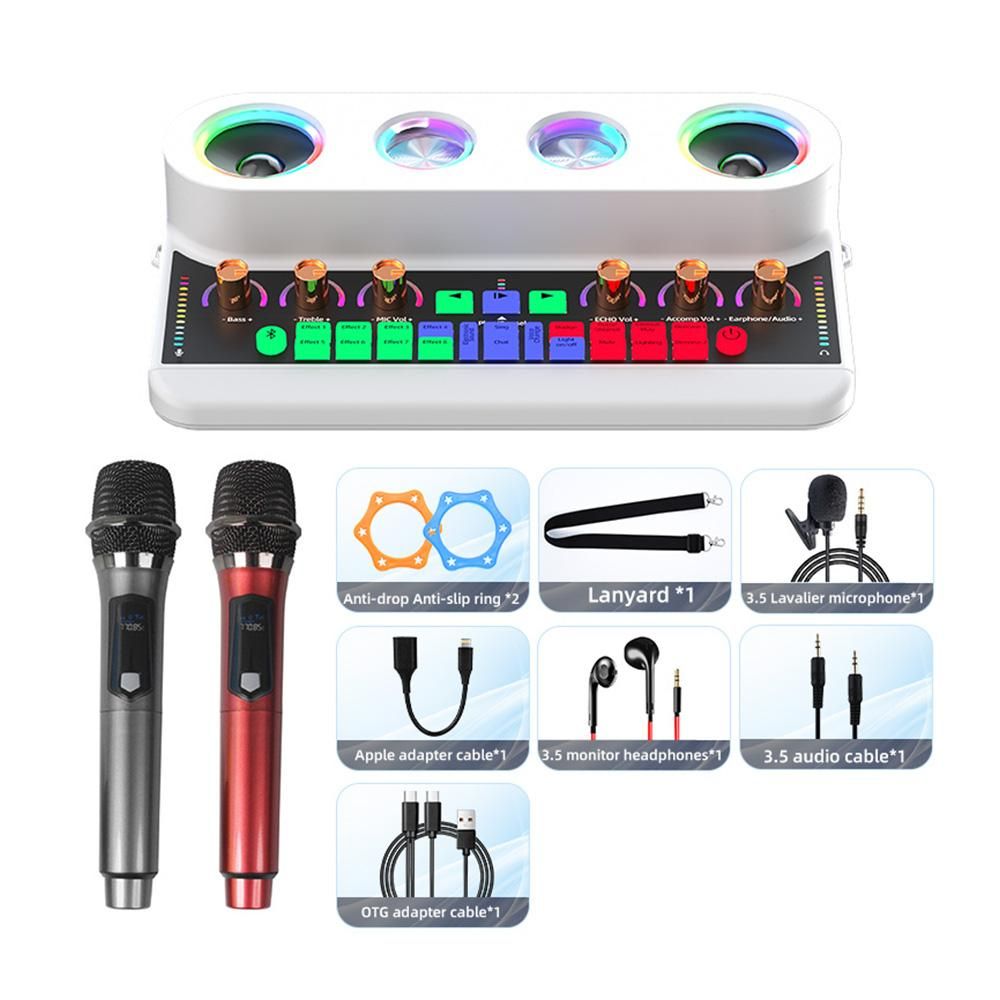 Sound Card & Audio Podcast Equipment Portable Karaoke Machine Multifunctional Rechargeable BT Sound Card Electric Sound Broadcast Equipment with DSP Noise Reduction Colorful Light Effect for Live Broadcasting /Streaming/Podca