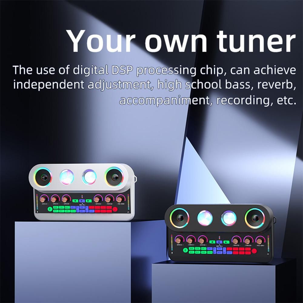 Sound Card & Audio Podcast Equipment Portable Karaoke Machine Multifunctional Rechargeable BT Sound Card Electric Sound Broadcast Equipment with DSP Noise Reduction Colorful Light Effect for Live Broadcasting /Streaming/Podca