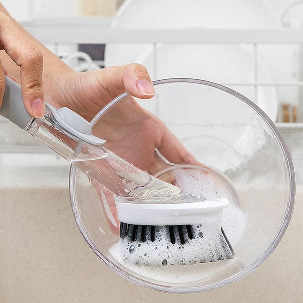 Soap Dispensing Dish Brush and Sponge Household Cleaning Brushes Multifunctional Dishwashing Sponges for Pot Pan Dishes Sink Stovetop Wall Kitchen Supplies (1 Handle + 2 Brush Heads + 2 Sponge Heads)