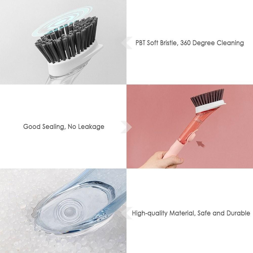 Soap Dispensing Dish Brush and Sponge Household Cleaning Brushes Multifunctional Dishwashing Sponges for Pot Pan Dishes Sink Stovetop Wall Kitchen Supplies (1 Handle + 2 Brush Heads + 2 Sponge Heads)