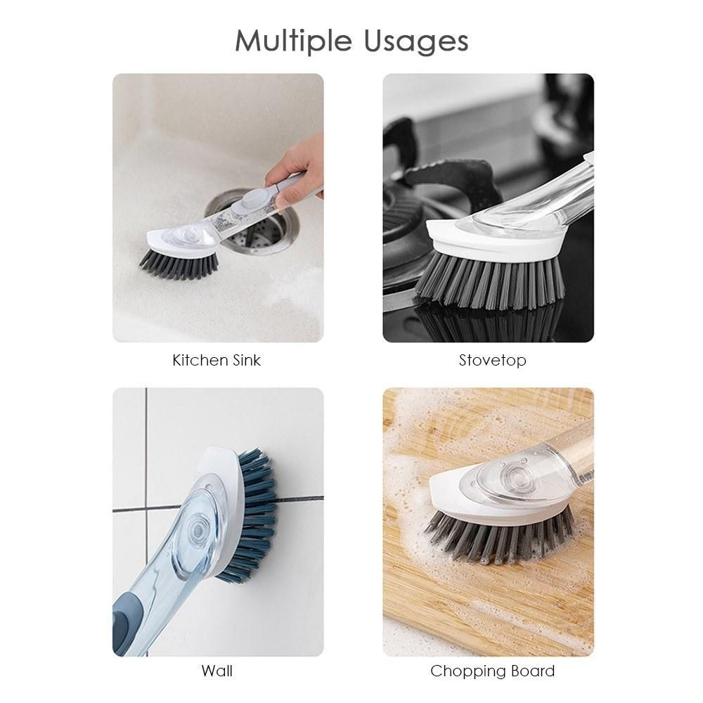 Soap Dispensing Dish Brush and Sponge Household Cleaning Brushes Multifunctional Dishwashing Sponges for Pot Pan Dishes Sink Stovetop Wall Kitchen Supplies (1 Handle + 2 Brush Heads + 2 Sponge Heads)