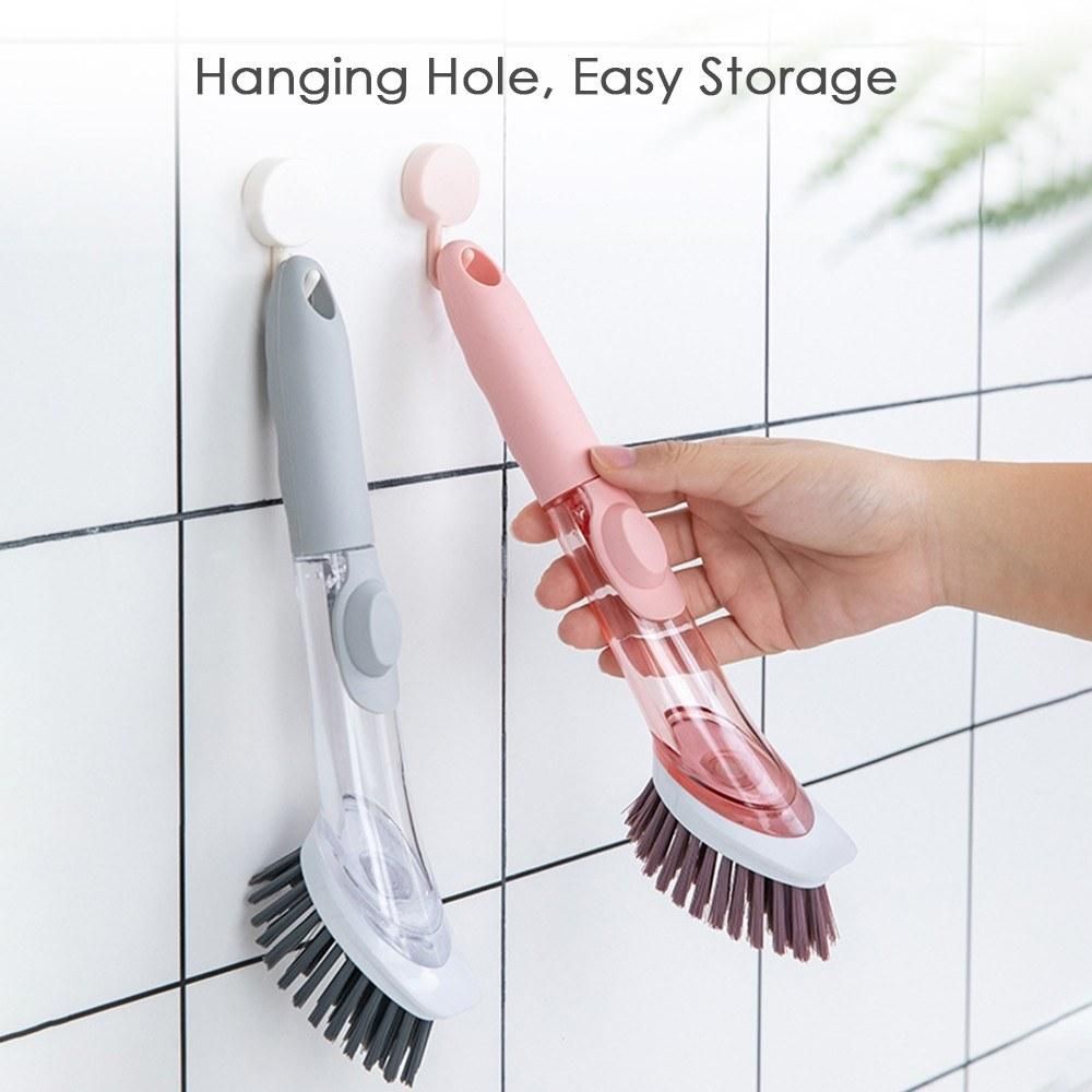 Soap Dispensing Dish Brush and Sponge Household Cleaning Brushes Multifunctional Dishwashing Sponges for Pot Pan Dishes Sink Stovetop Wall Kitchen Supplies (1 Handle + 2 Brush Heads + 2 Sponge Heads)