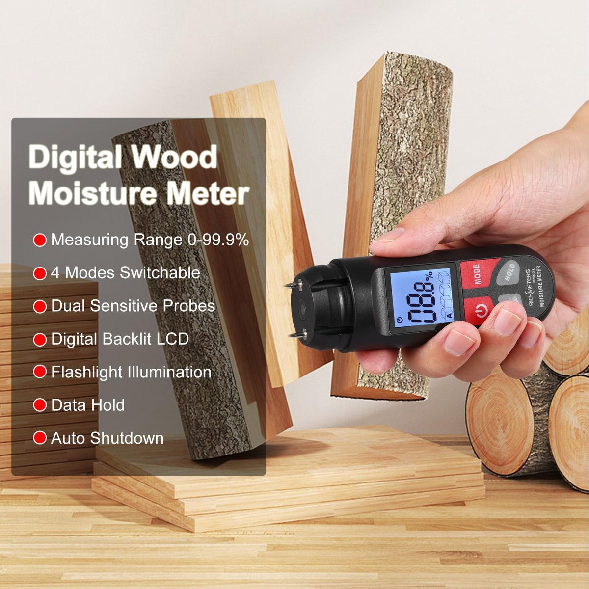 RICHMETERS RM031 Wood Moisture Tester Multifunctional Moisture Tester Dual-Needle Wood Humidity Tester