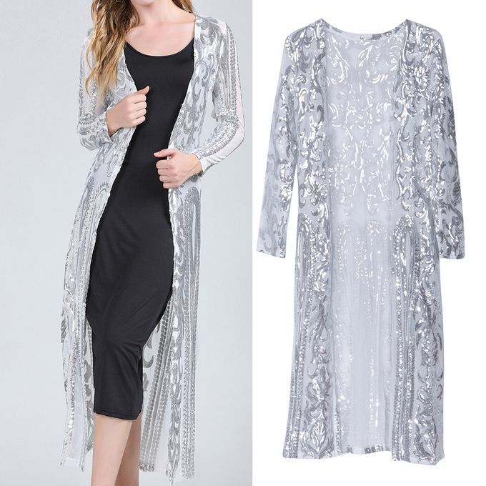 Lady's Cardigan Outwear Full Sleeve Open Elegant Autumn Long Silver