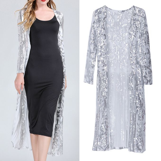 Lady's Cardigan Outwear Full Sleeve Open Elegant Autumn Long Silver