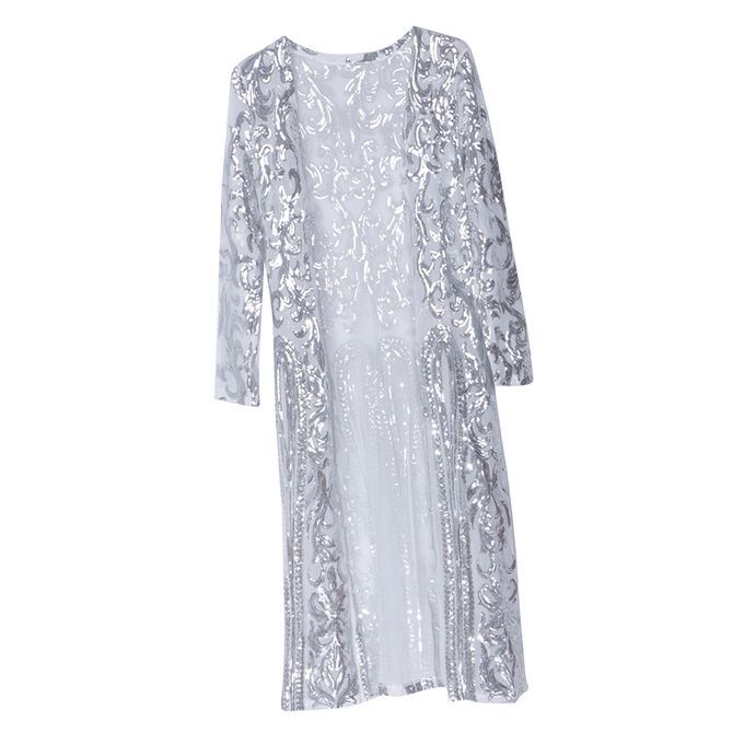 Lady's Cardigan Outwear Full Sleeve Open Elegant Autumn Long Silver