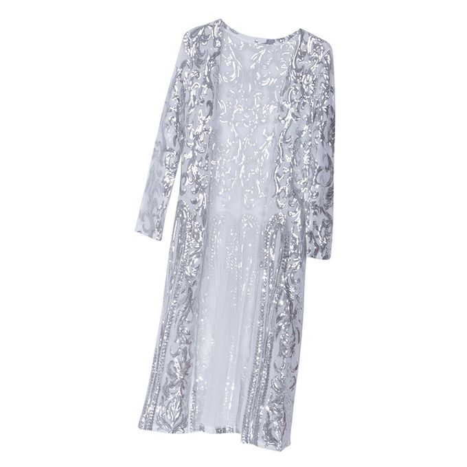Lady's Cardigan Outwear Full Sleeve Open Elegant Autumn Long Silver