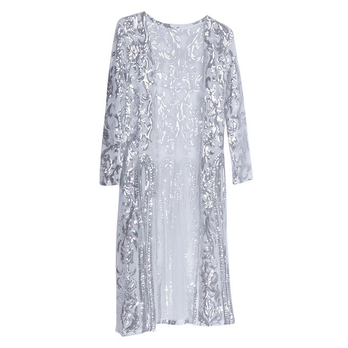 Lady's Cardigan Outwear Full Sleeve Open Elegant Autumn Long Silver
