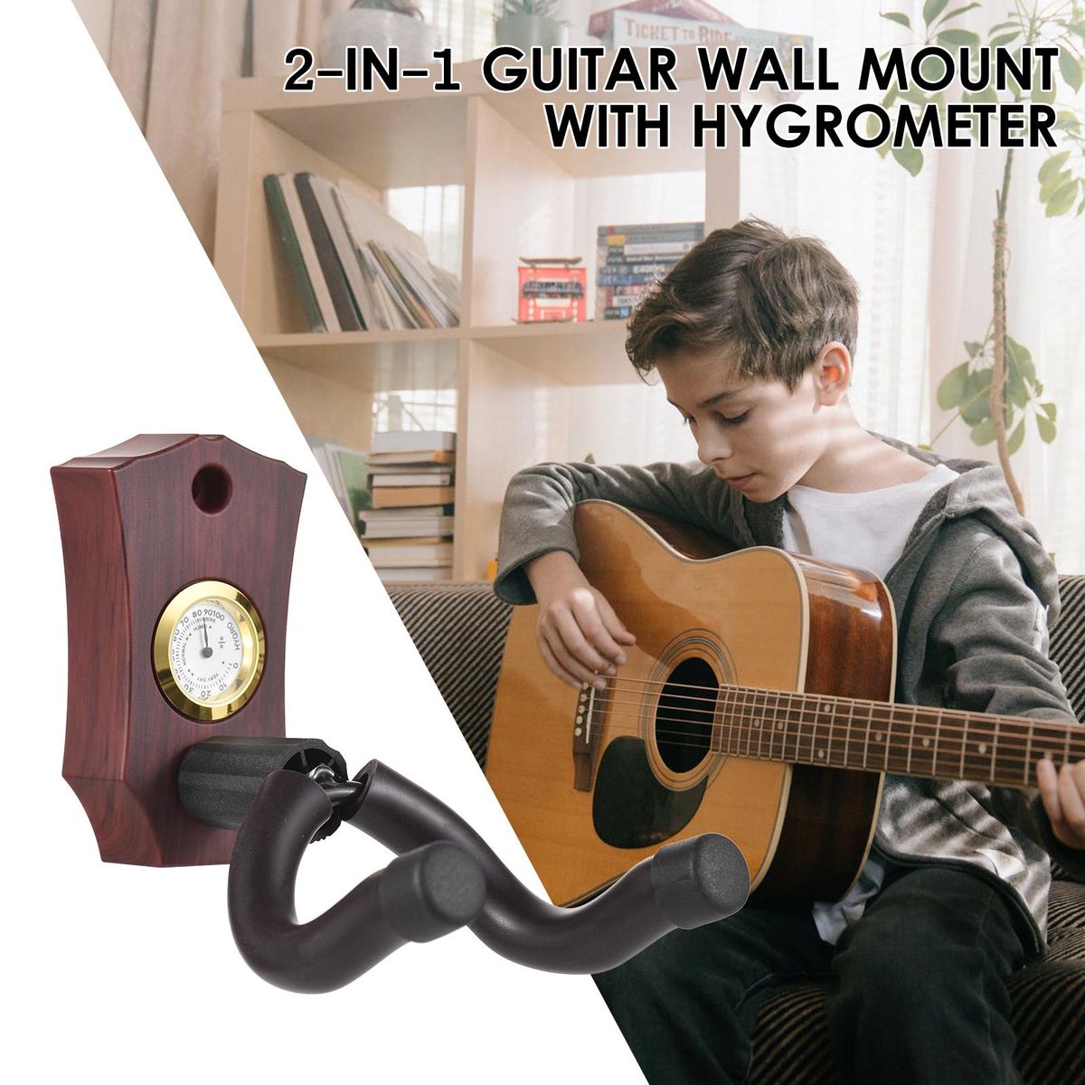 2-in-1 Guitar Wall Mount with Hygrometer Humidity Meter Guitar Wall Hanger Stringed Instrument Holder Solid Sturdy Wall Hook Hanger for Guitar Ukulele Mandolin