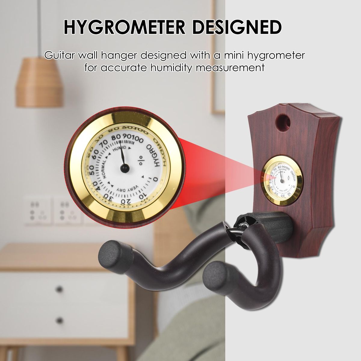 2-in-1 Guitar Wall Mount with Hygrometer Humidity Meter Guitar Wall Hanger Stringed Instrument Holder Solid Sturdy Wall Hook Hanger for Guitar Ukulele Mandolin