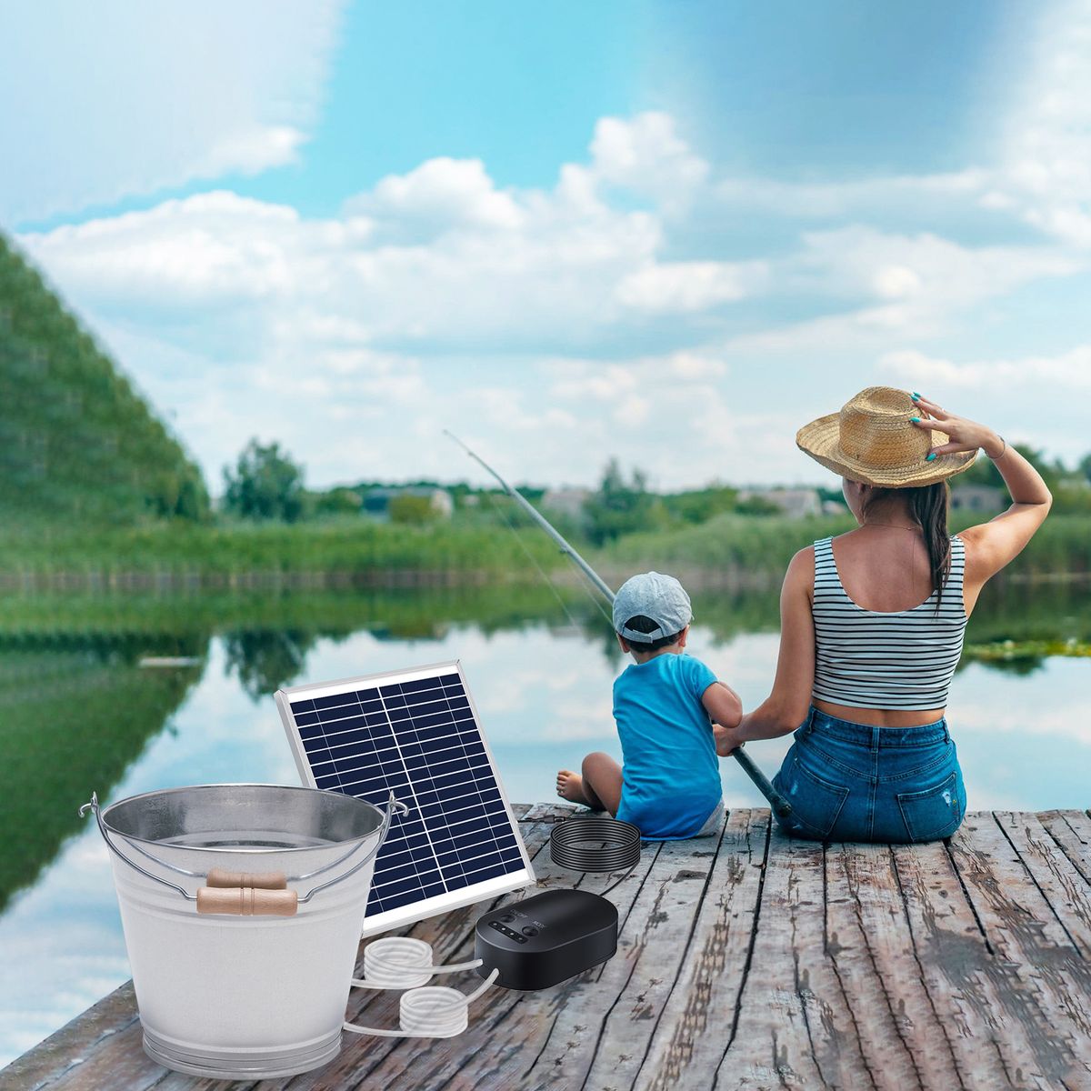 10W Solar Oxygen Pump With Pipe Air Stone Bracket Fish Tank