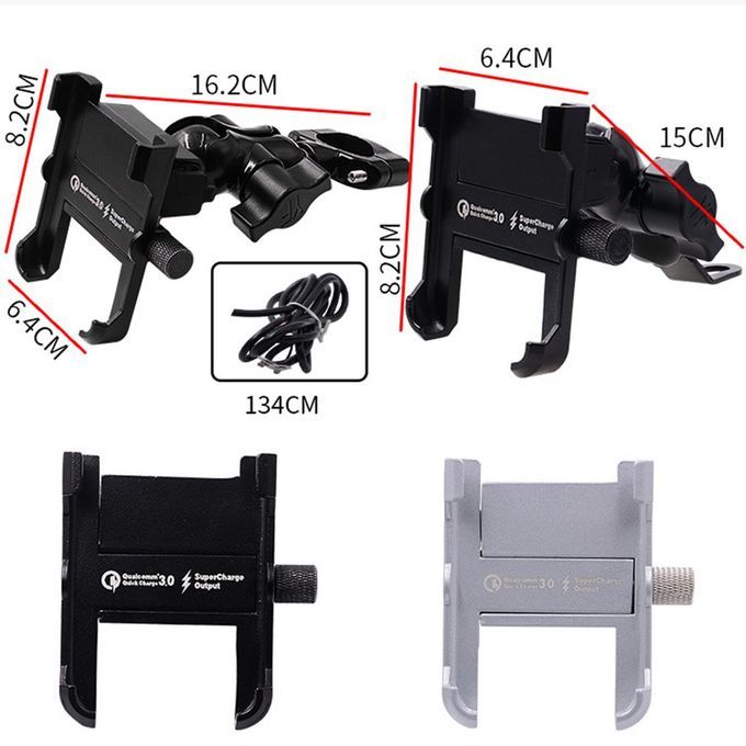 Waterproof Metal Motorcycle Smart Phone Mount With QC 3.0 USB Quick Charger Black