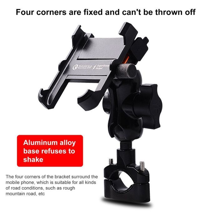 Waterproof Metal Motorcycle Smart Phone Mount With QC 3.0 USB Quick Charger Black