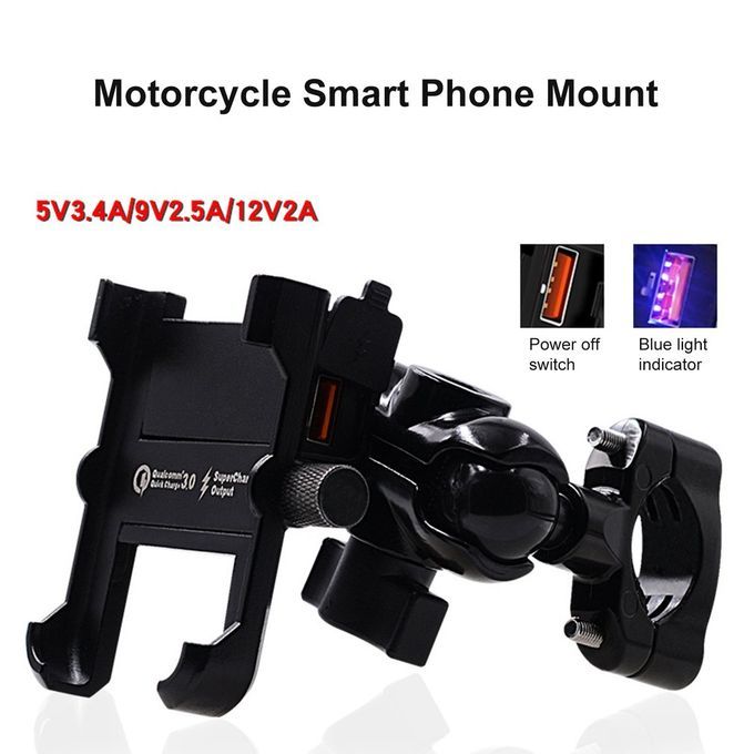 Waterproof Metal Motorcycle Smart Phone Mount With QC 3.0 USB Quick Charger Black