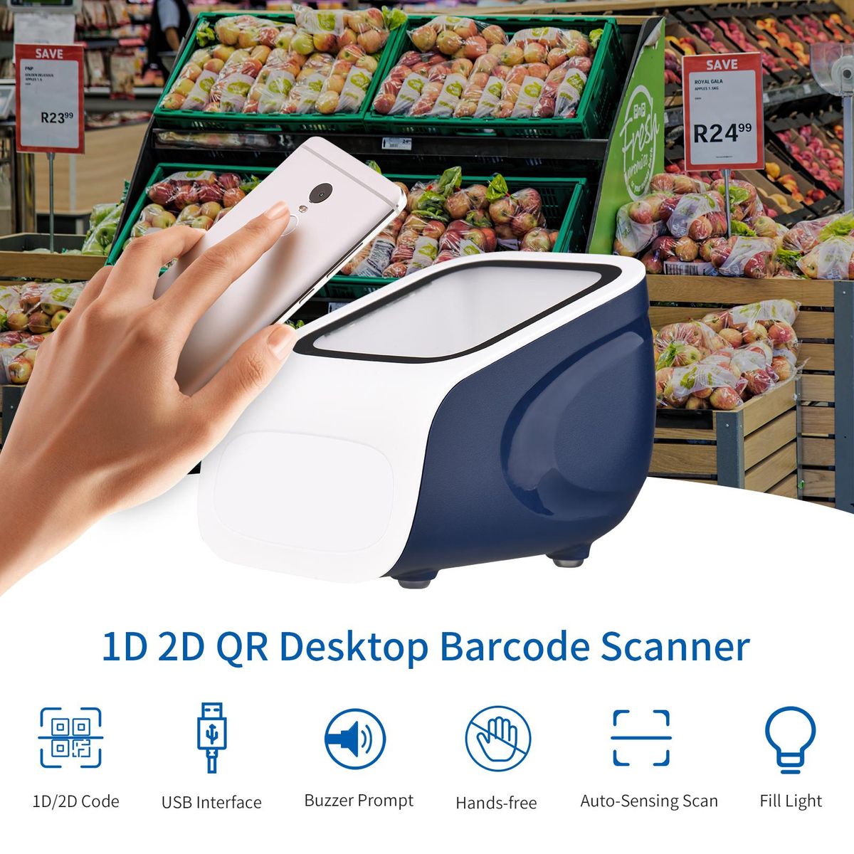 1D 2D QR Desktop Barcode Scanner Platform Hands-free USB Wired Bar Code Reader Scanner Plug&Play Compatible with Window Android System Large Scanning Window for Supermarket Library Retail Store Mobile Payment Computer Screen 