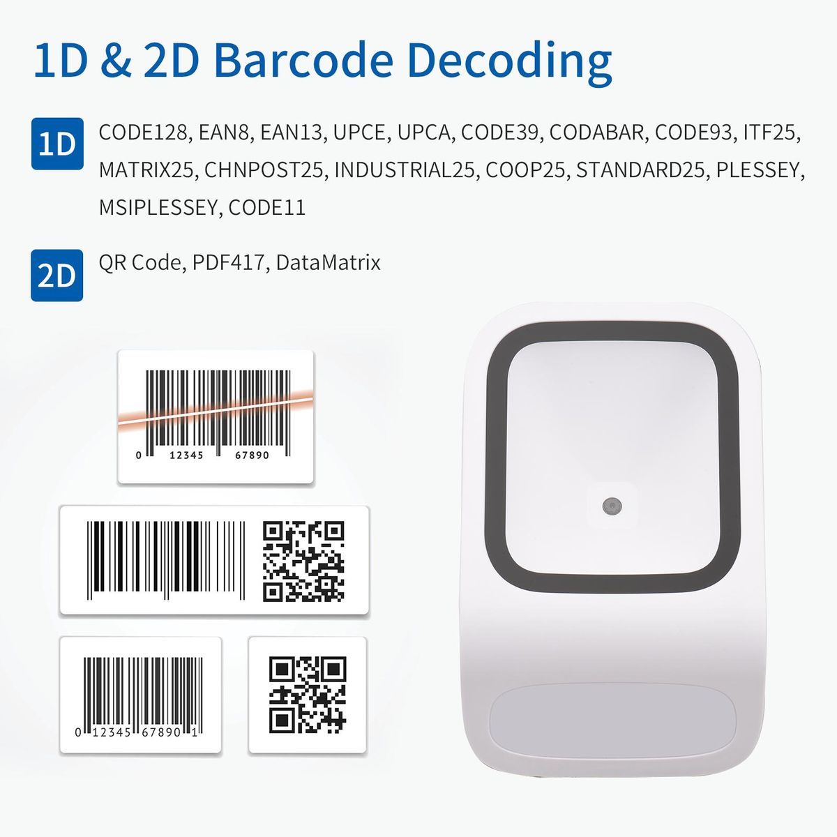 1D 2D QR Desktop Barcode Scanner Platform Hands-free USB Wired Bar Code Reader Scanner Plug&Play Compatible with Window Android System Large Scanning Window for Supermarket Library Retail Store Mobile Payment Computer Screen 