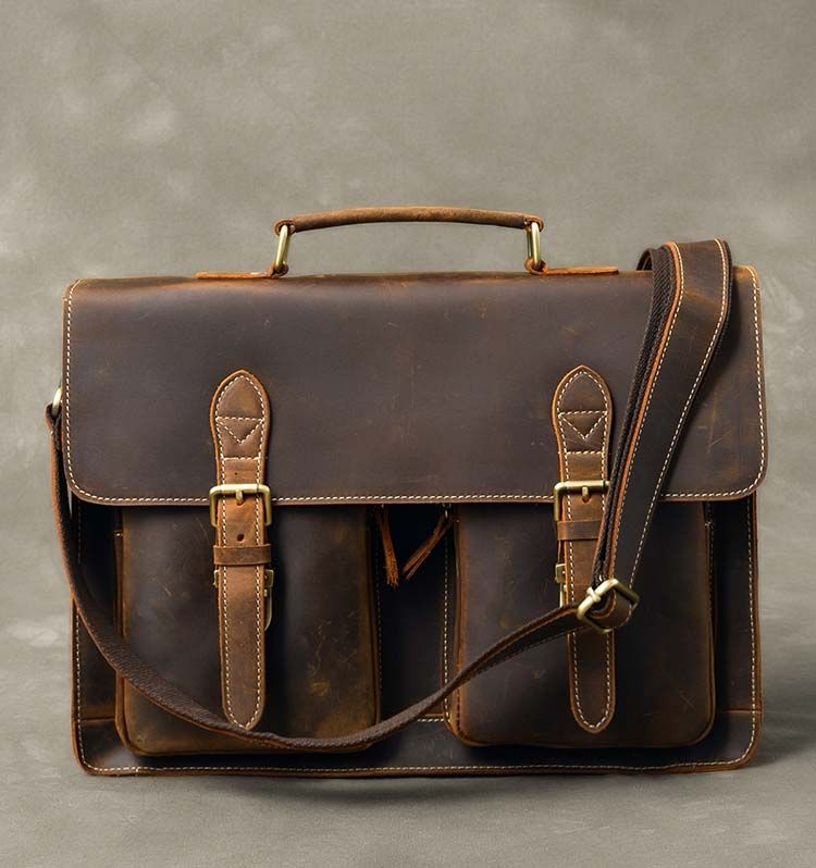 Genuine Leather Briefcase Men 15.6 Inch Laptop Business Portfolio Hand Bag Vintage Crazy