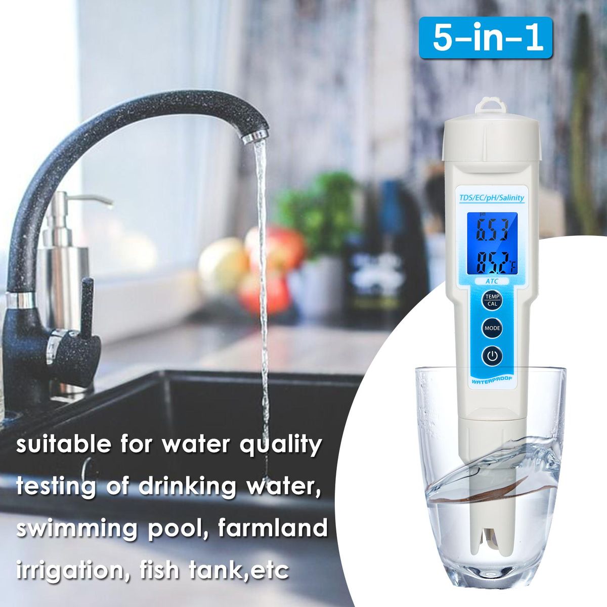 5-in-1 pH Meter Waterproof Multifunctional TDS/EC/pH/Salinity/Temperature Meter Water Quality Tester Blue Backlight LCD Display with ATC Function