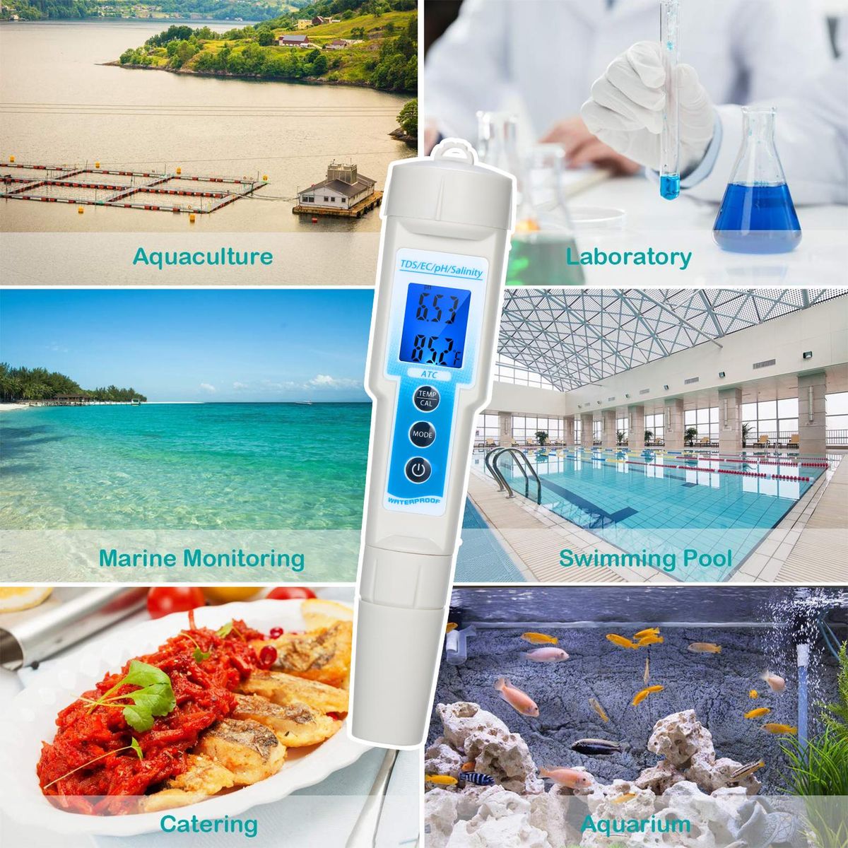 5-in-1 pH Meter Waterproof Multifunctional TDS/EC/pH/Salinity/Temperature Meter Water Quality Tester Blue Backlight LCD Display with ATC Function