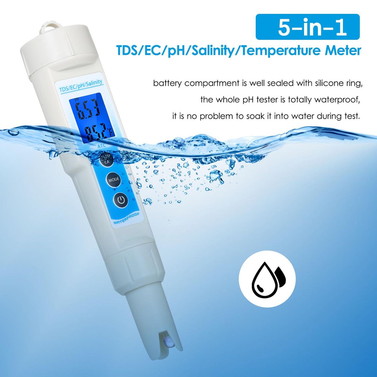 5-in-1 pH Meter Waterproof Multifunctional TDS/EC/pH/Salinity/Temperature Meter Water Quality Tester Blue Backlight LCD Display with ATC Function