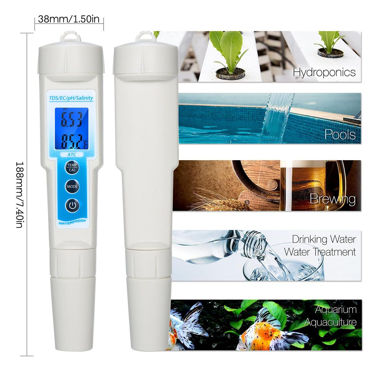5-in-1 pH Meter Waterproof Multifunctional TDS/EC/pH/Salinity/Temperature Meter Water Quality Tester Blue Backlight LCD Display with ATC Function