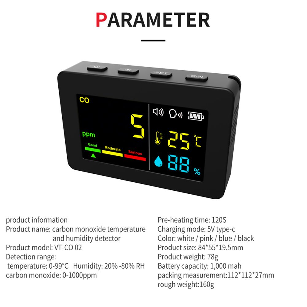 Portable Air Quality Meter 3in1 CO Temperature And Humidity