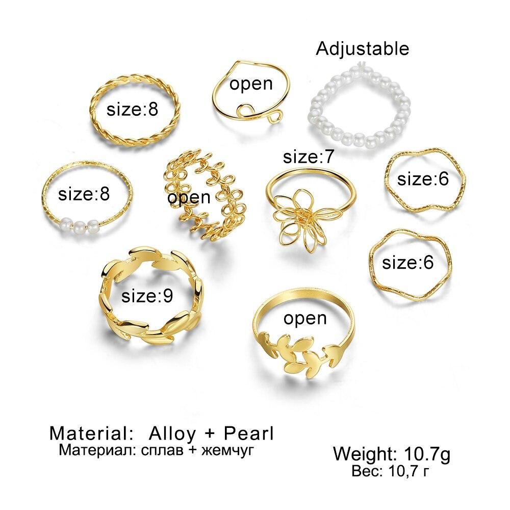 IPARAM Bohemian Wave Flower Rings Set For Women Vintage Geometric Pearl Butterfly Metal Chain Knuckle Rings Trendy Jewelry Gift