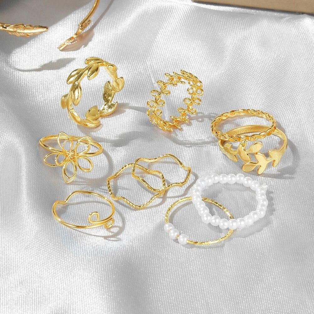 IPARAM Bohemian Wave Flower Rings Set For Women Vintage Geometric Pearl Butterfly Metal Chain Knuckle Rings Trendy Jewelry Gift