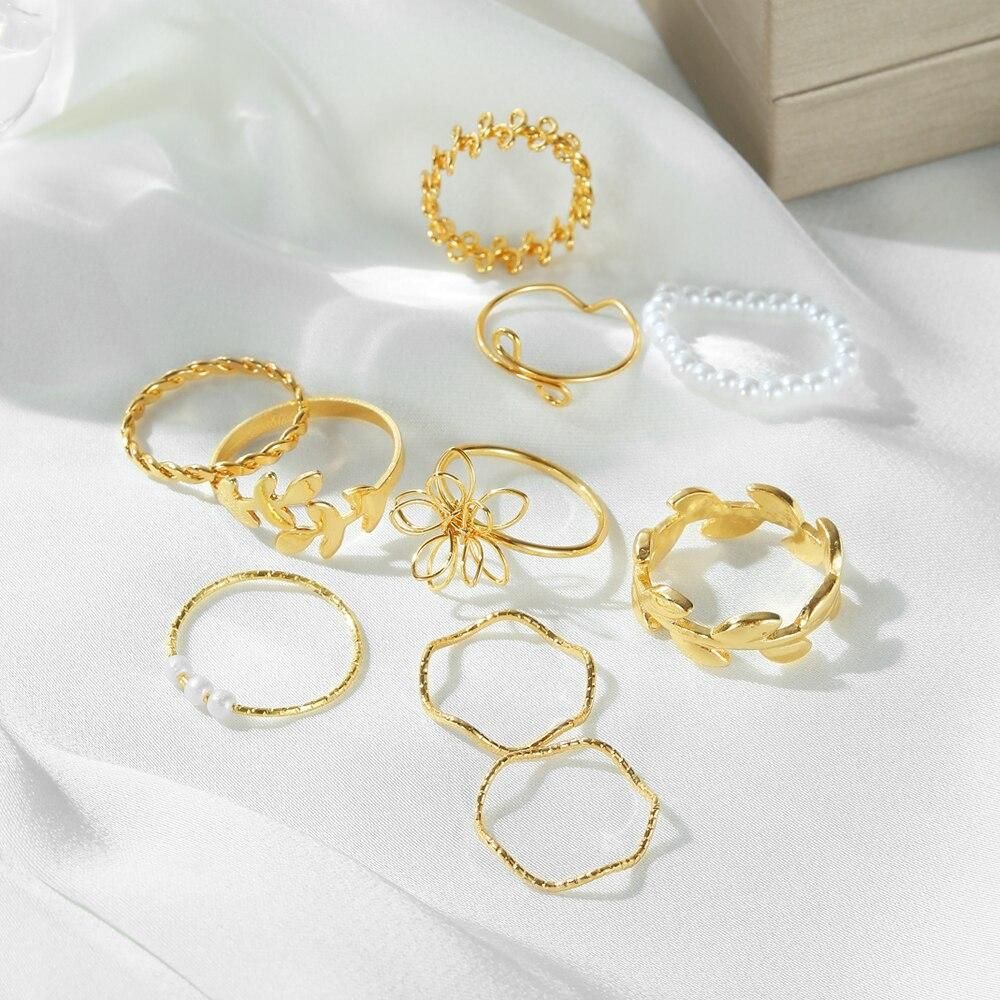 IPARAM Bohemian Wave Flower Rings Set For Women Vintage Geometric Pearl Butterfly Metal Chain Knuckle Rings Trendy Jewelry Gift