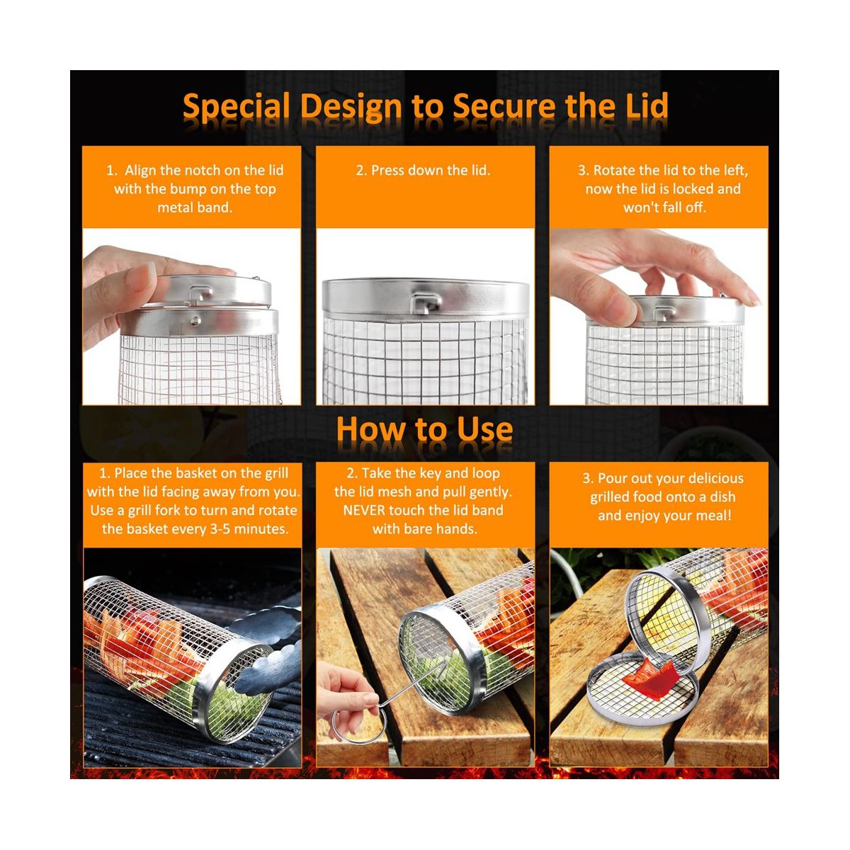2PCS BBQ Grill Basket Rolling Grilling Basket Stainless Steel Grill Mesh Barbeque Grill Portable Grill Baskets -B