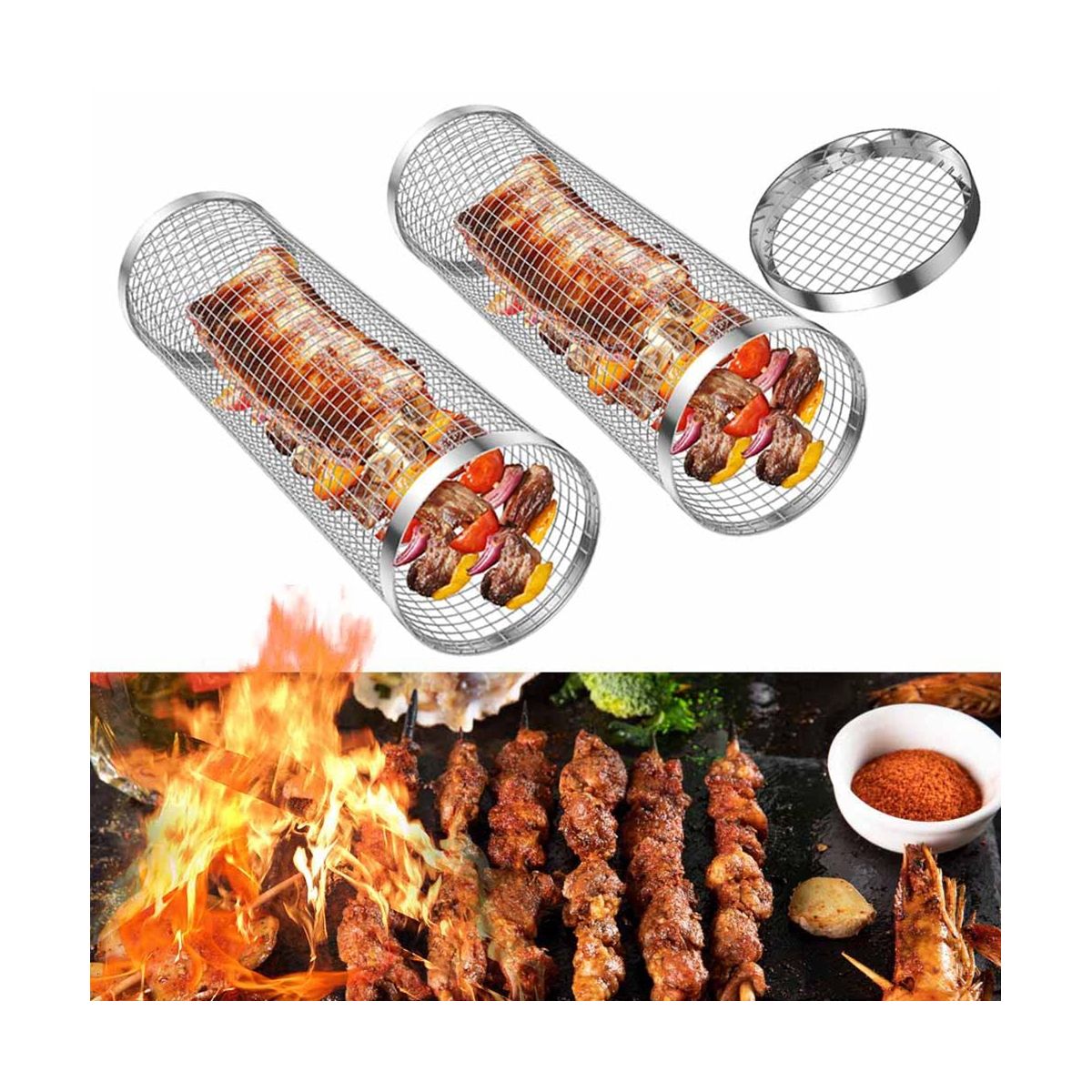 2PCS BBQ Grill Basket Rolling Grilling Basket Stainless Steel Grill Mesh Barbeque Grill Portable Grill Baskets -B