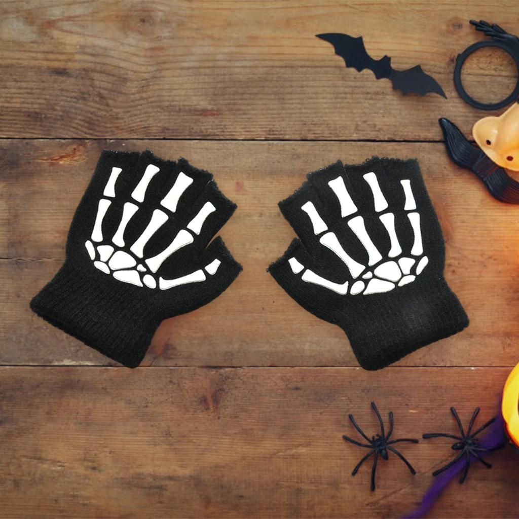 Halloween Skeleton Half Finger Gloves Unisex Hand  For Skull