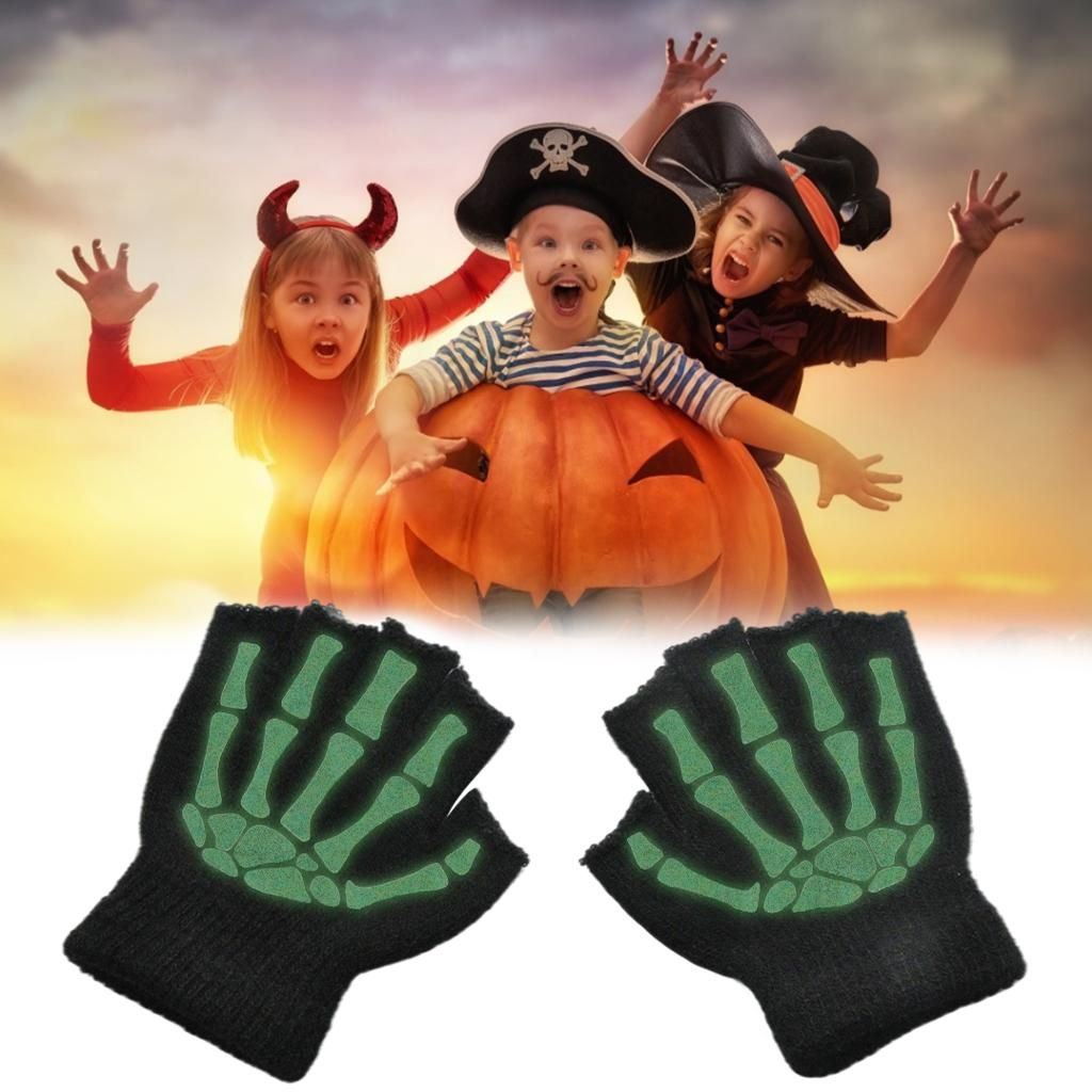 Halloween Skeleton Half Finger Gloves Unisex Hand  For Skull