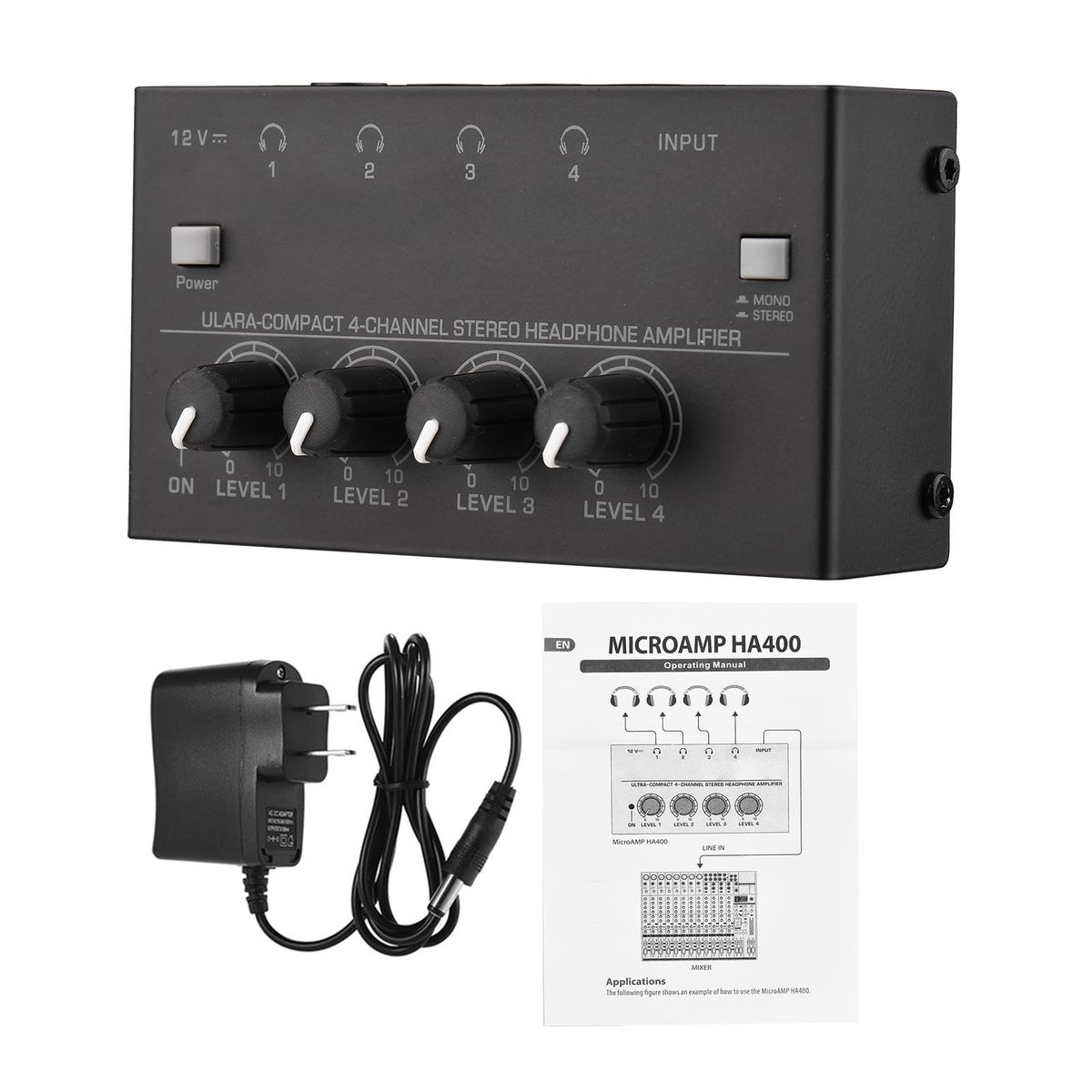Ultra-compact 4-channel Stereo Headphone Amplifier Upgraded Mini Audio Amp with Mono & Stereo Switch Power Adapter Professional Mono/Stereo Audio Amp for Studio and Stage
