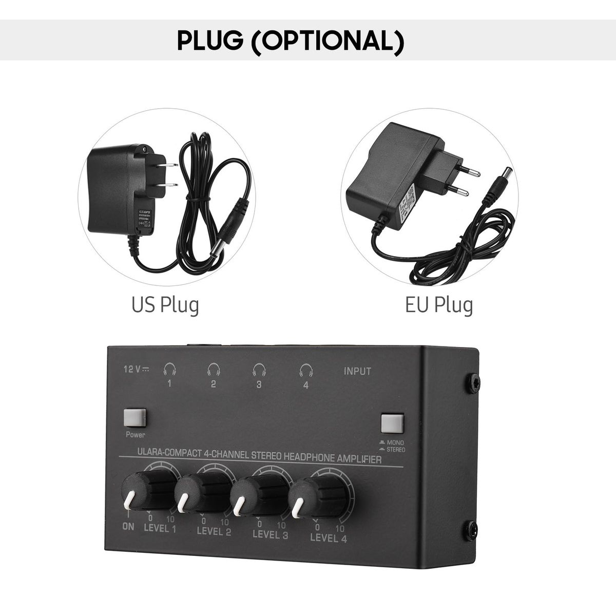 Ultra-compact 4-channel Stereo Headphone Amplifier Upgraded Mini Audio Amp with Mono & Stereo Switch Power Adapter Professional Mono/Stereo Audio Amp for Studio and Stage