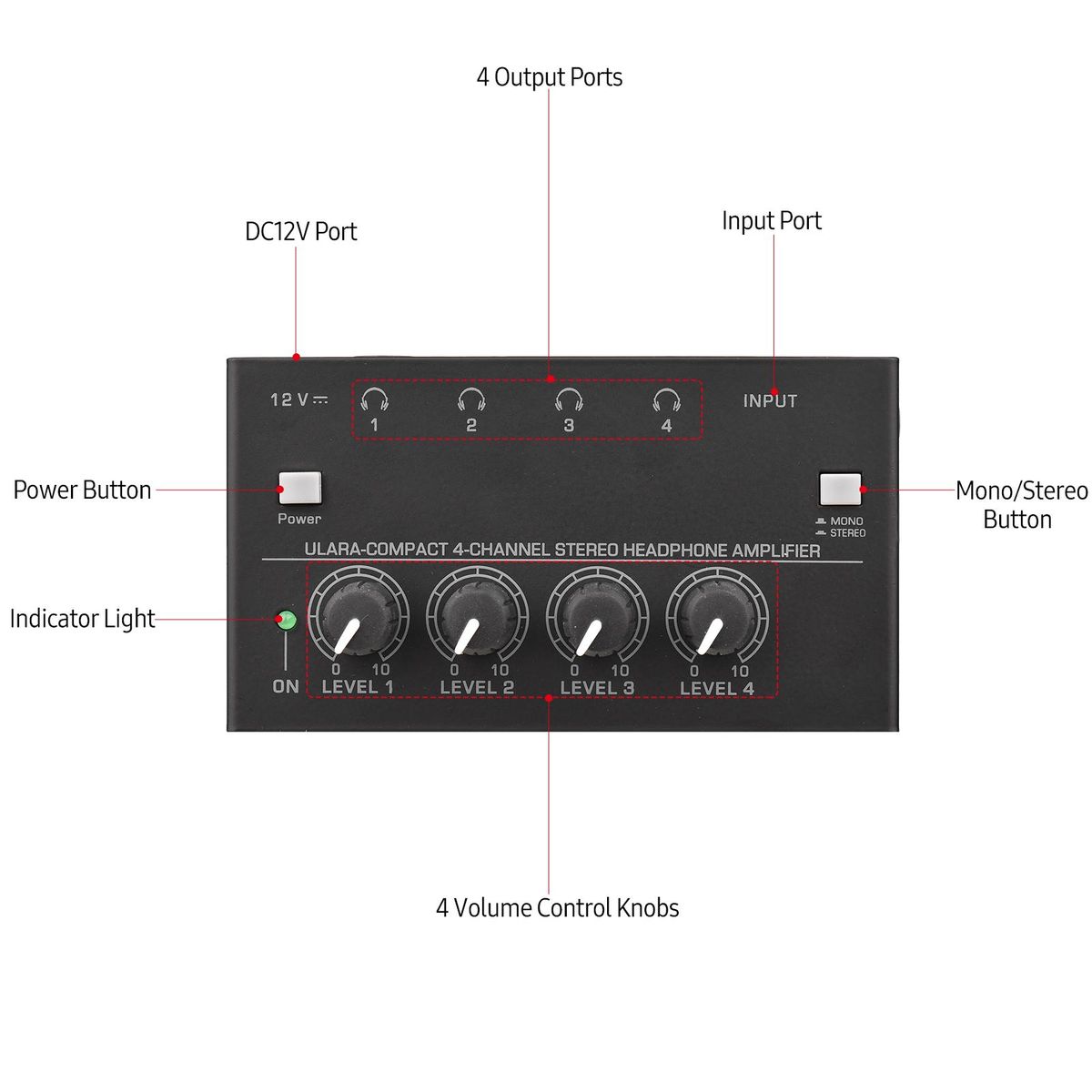 Ultra-compact 4-channel Stereo Headphone Amplifier Upgraded Mini Audio Amp with Mono & Stereo Switch Power Adapter Professional Mono/Stereo Audio Amp for Studio and Stage