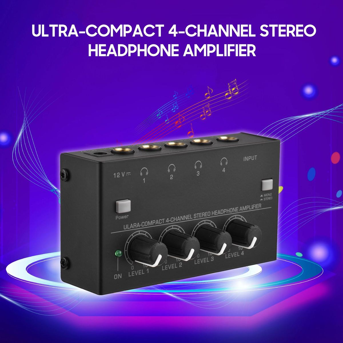 Ultra-compact 4-channel Stereo Headphone Amplifier Upgraded Mini Audio Amp with Mono & Stereo Switch Power Adapter Professional Mono/Stereo Audio Amp for Studio and Stage