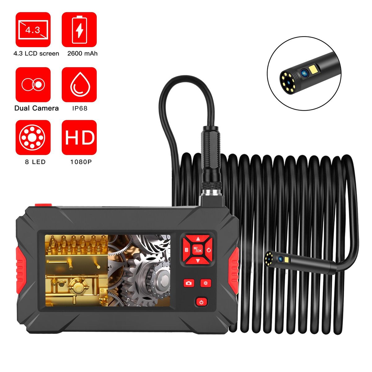 Car Video Endoscope Dual Camera Boroscope Double Lens Flexible Camera Sewer Drain  Engine  Camera With Screen-Black