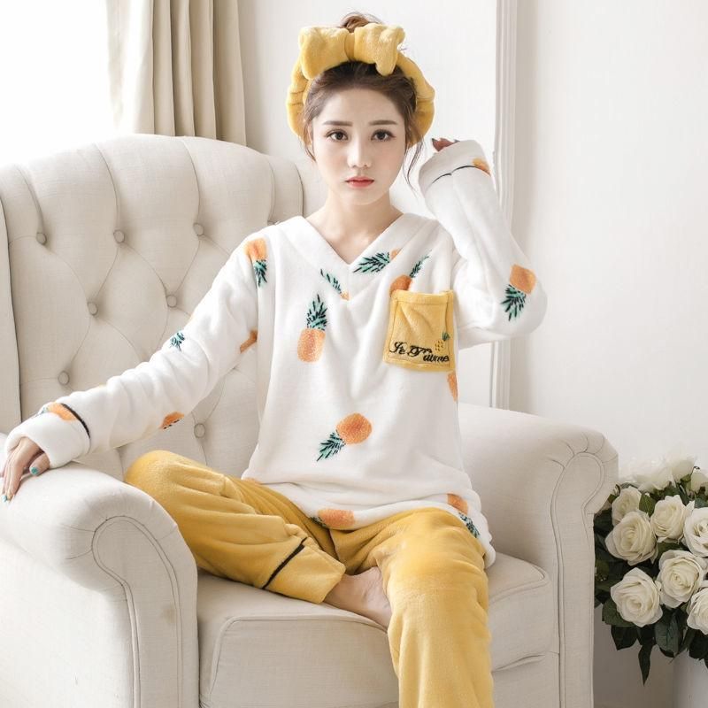 Coral Velvet Pajamas Women's Autumn and Winter Thickened with Flannel Women's Pajama Suit Sweet for Outer Wear Homewear