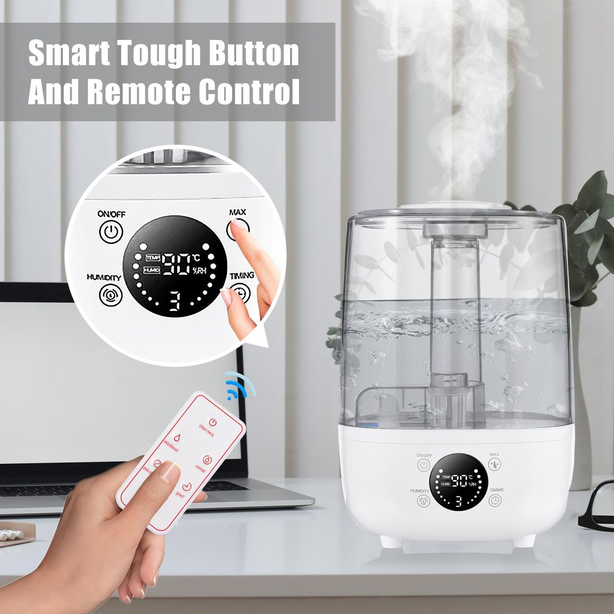 Irishom 4L Humidifiers for Bedroom Ultrasonic Air Humidifiers Aroma Diffuser with Remote Control Extra Long Nozzle Tough Button Ultra Quiet Timer 3 Mist Modes Auto Standby Mode
