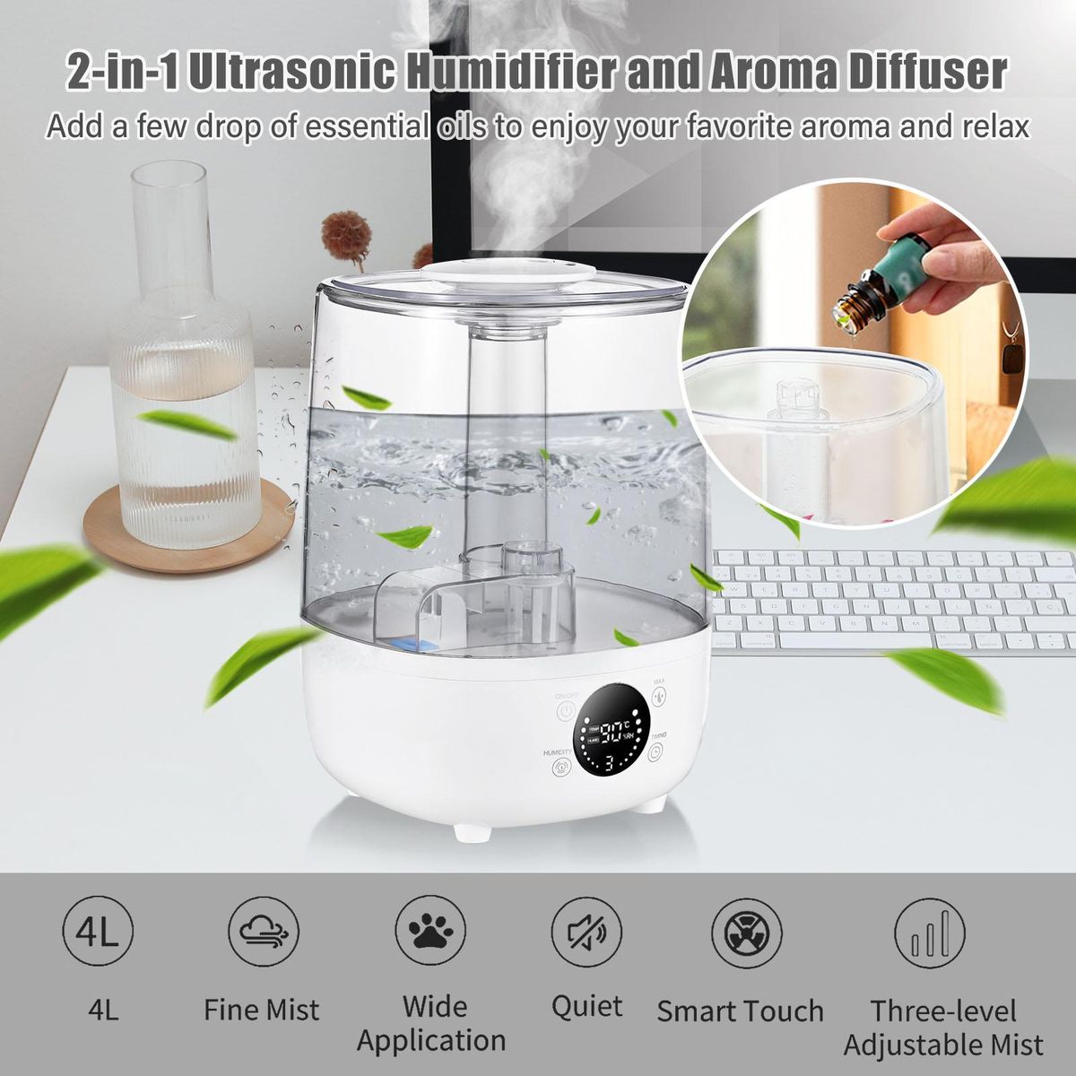Irishom 4L Humidifiers for Bedroom Ultrasonic Air Humidifiers Aroma Diffuser with Remote Control Extra Long Nozzle Tough Button Ultra Quiet Timer 3 Mist Modes Auto Standby Mode