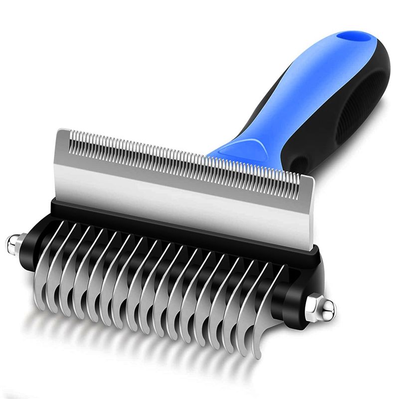 Dog Comb Rake 2 in 1 Safe Double-Sided Comfortable Handle Pet Grooming Brush for Mats Tangles Removing Small